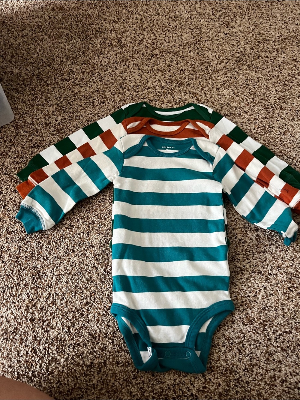 Carter's 9 monthsTeal, Rust & Green Striped Long-Sleeve Baby One-Pieces (3-Pack)